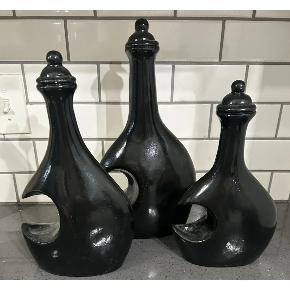 Set of 3 Celestial Sun & Moon Black Yellow‎ Decorative Jars Pitchers Bottles
